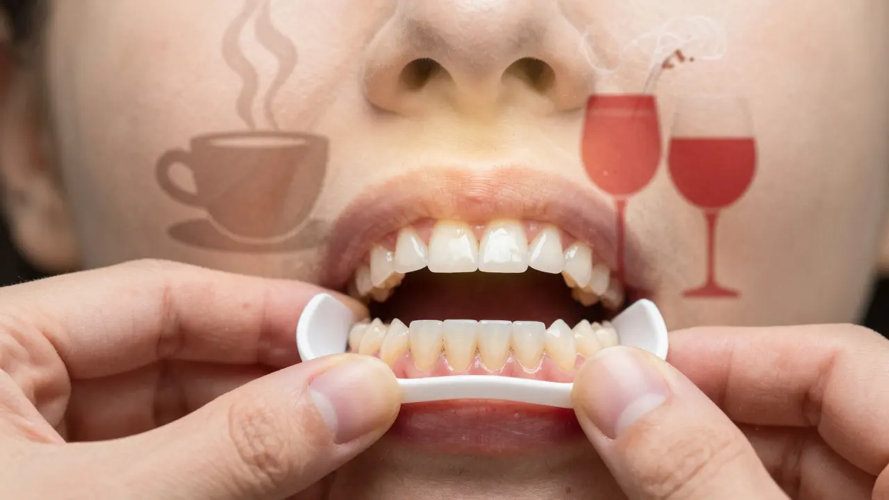 Ruka vkládá formu do úst, gel na zubech, v pozadí zmizí káva a víno.