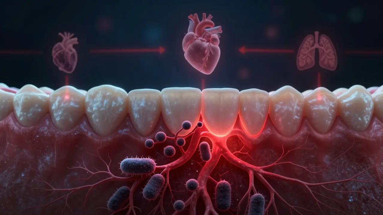 Schematický vývoj zánětu dásní, který se šíří do kosti a ovlivňuje celé tělo.