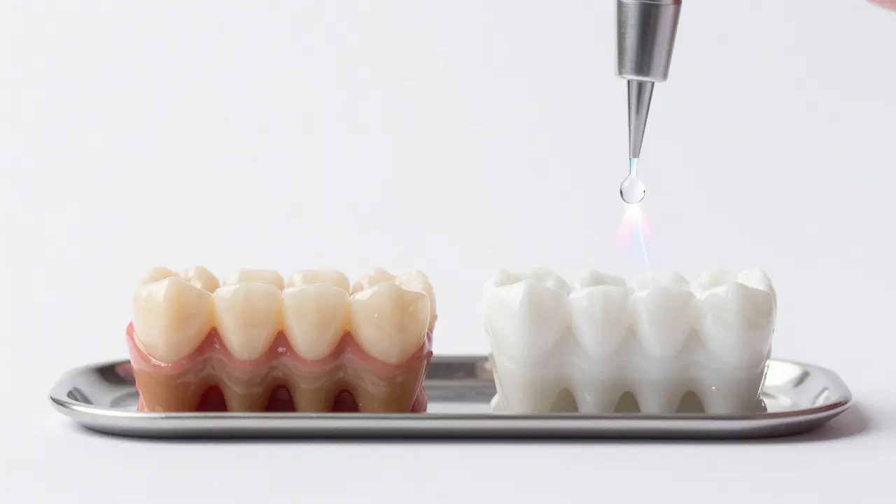 Side-by-side comparison of stained and whitened teeth after laser treatment with hydrogen peroxide droplet hovering above.