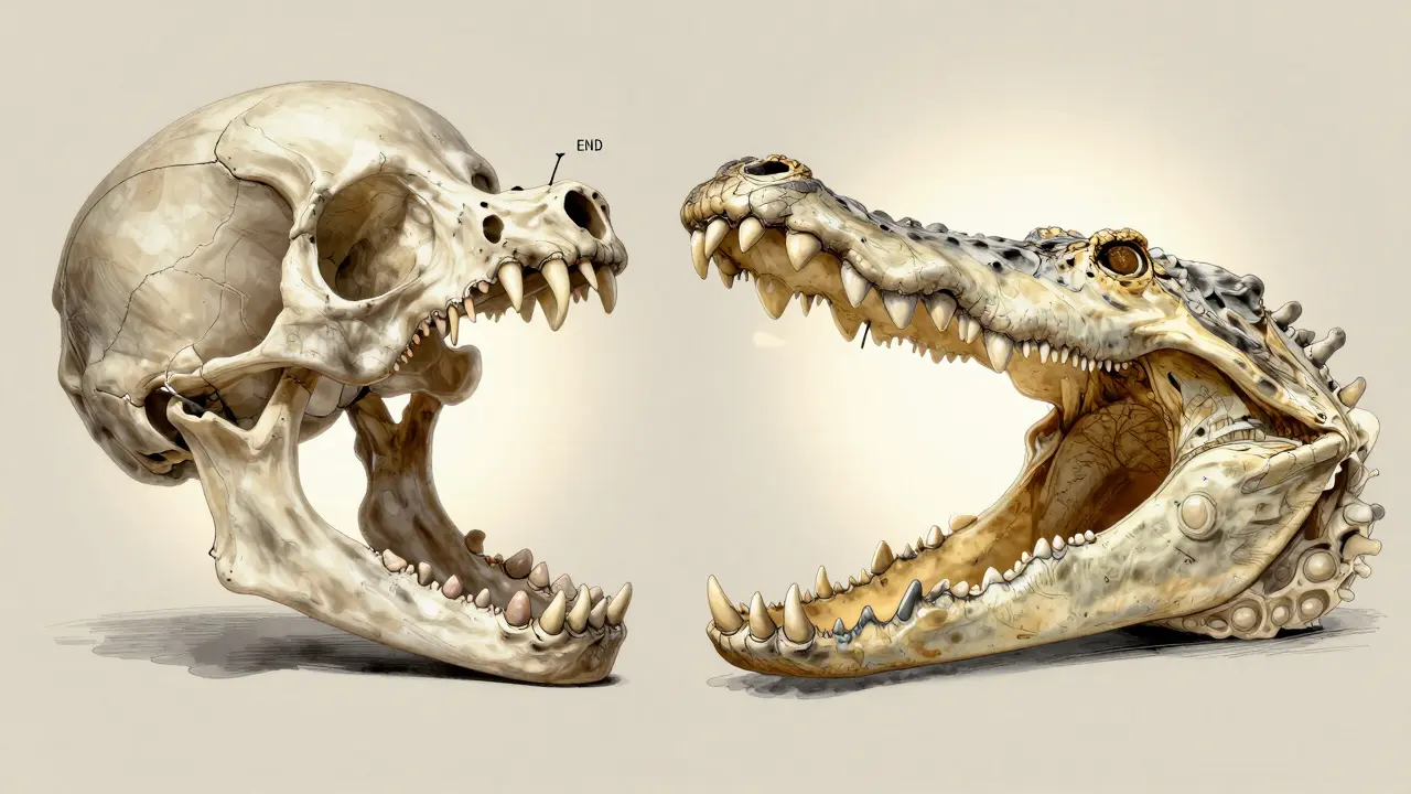 Srovnání lidské a krokodýlí čelisti s různými typy zubů.