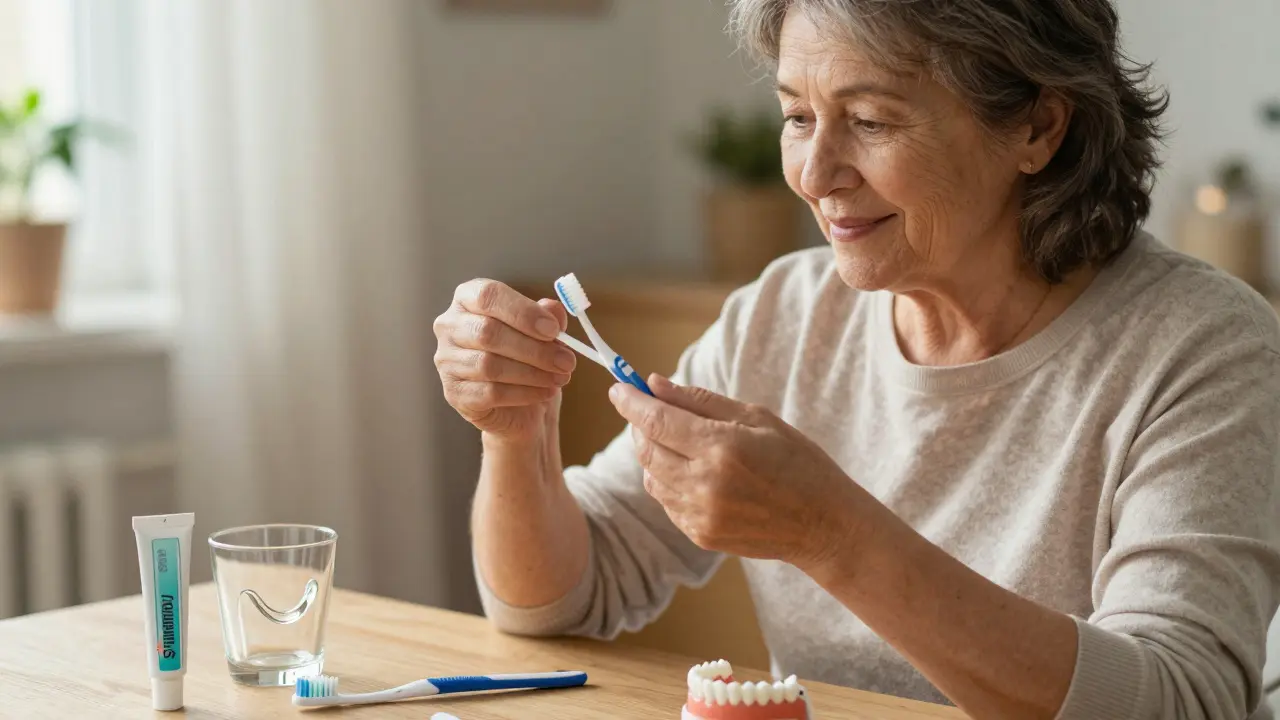 Stará žena drží mezizubní kartáček, vedle ní fluoridový gel a protéza.