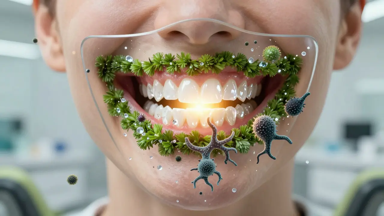 Symbolický obraz chráněného úsměvu jako záštitu proti zubním chorobám.