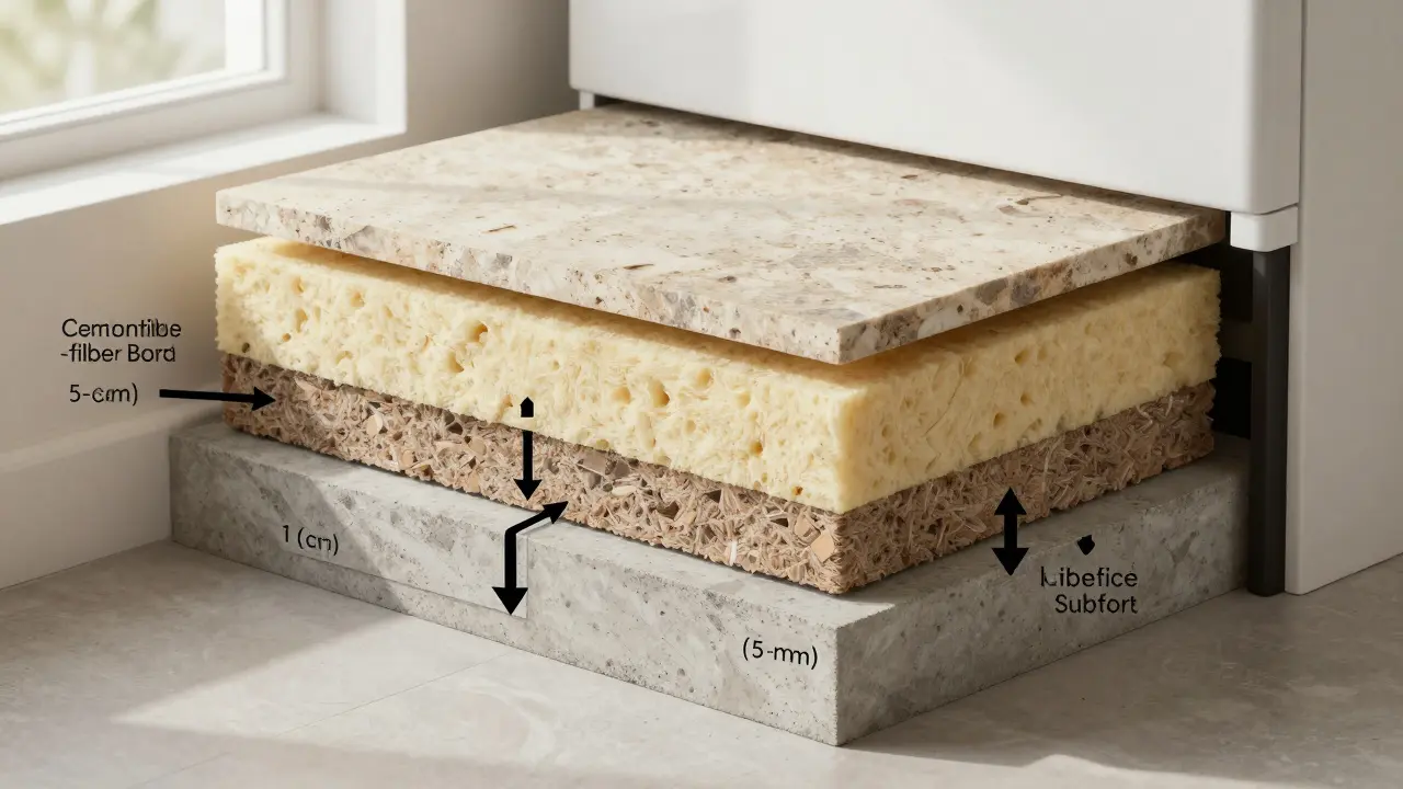 Technický náčrt vrstev pod kamny: kámen, minerální vlna, cementová deska a beton.