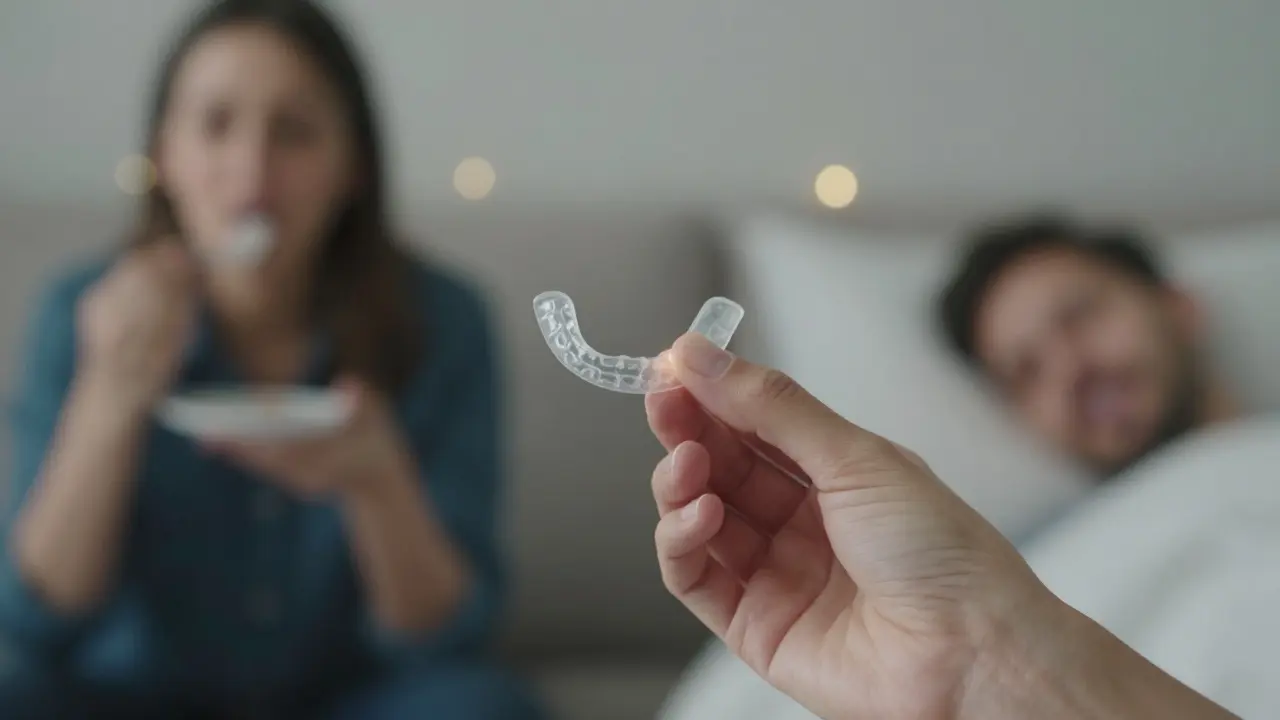 Zubní reténer v ruce s pozadím běžných činností — jídlo, smích, spánek.