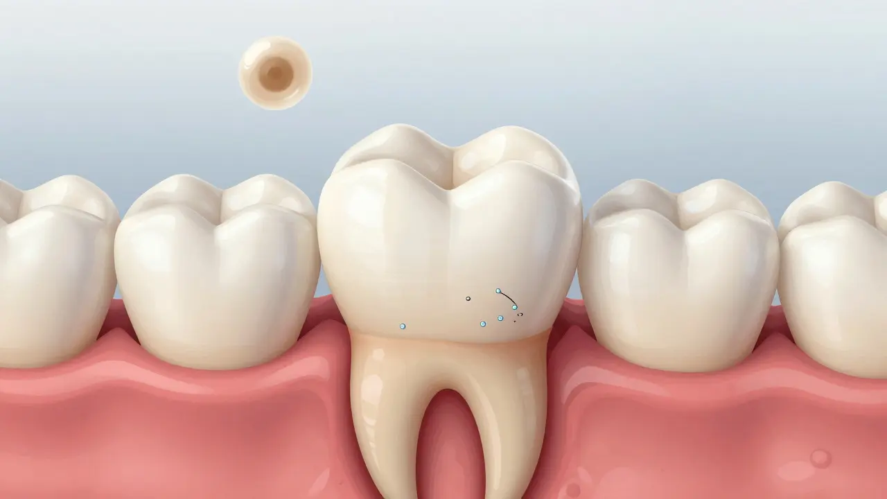 Zvětšený pohled na počínající kaz na zubní sklovině s procesem obnovy fluoridem.