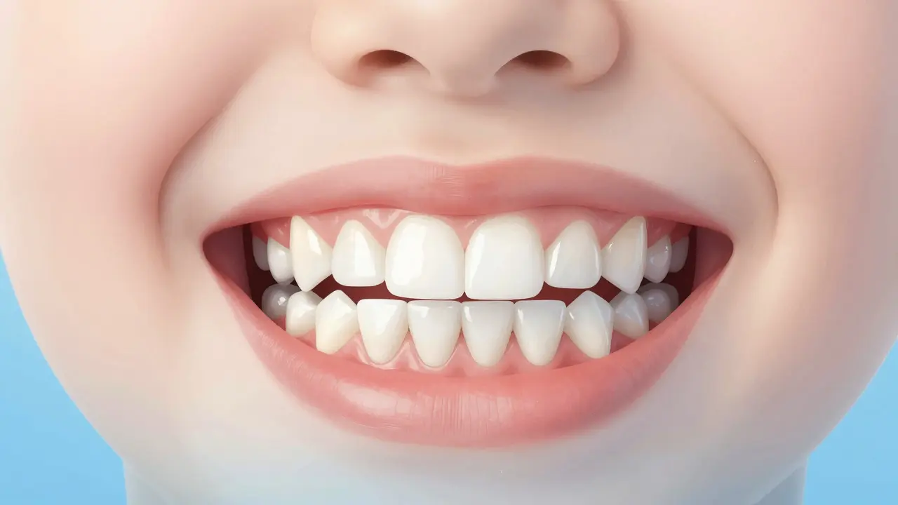 Anatomický nákres dětské čelisti s mléčnými zuby, které udržují prostor pro trvalé zuby.