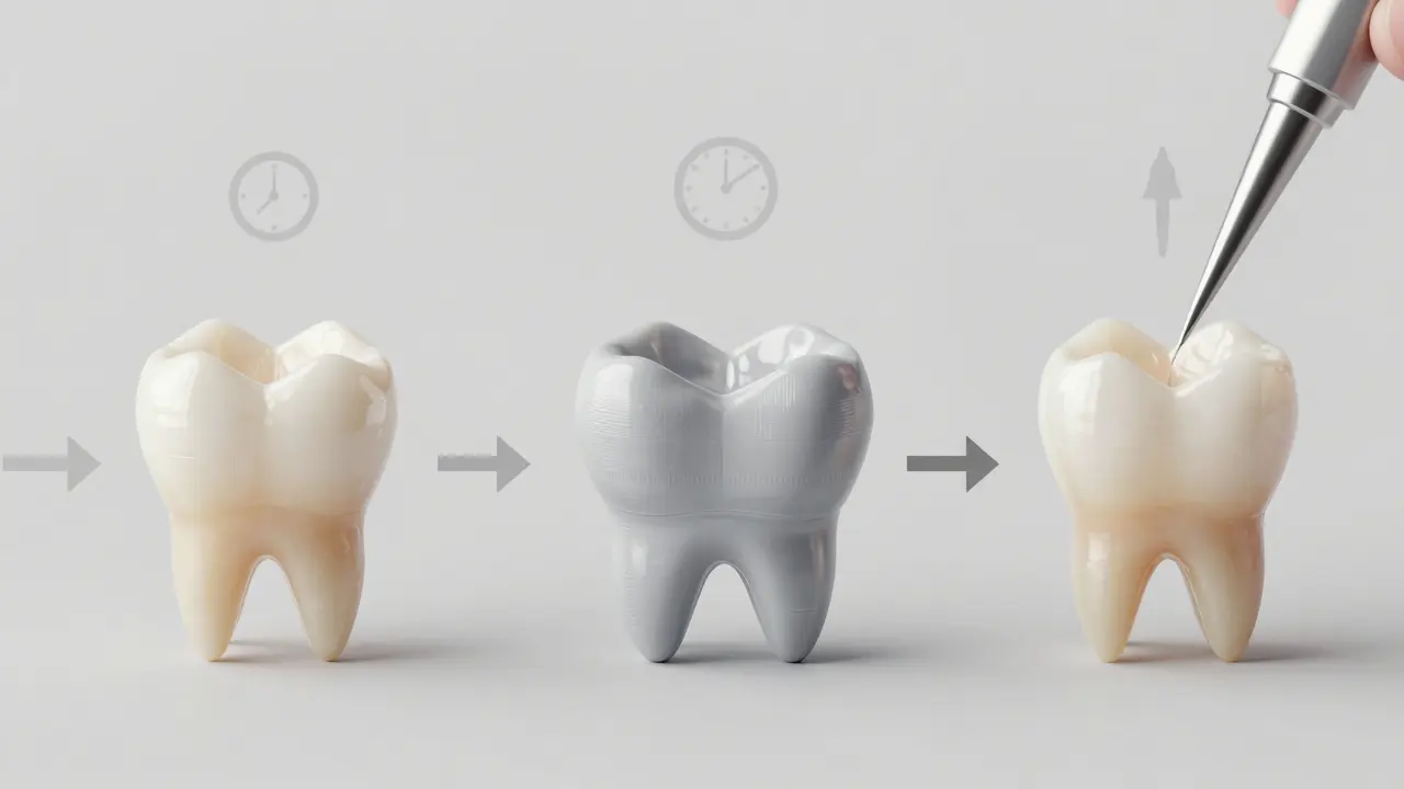 Časová osa výroby zubní korunky od přípravy po trvalé nasazení.