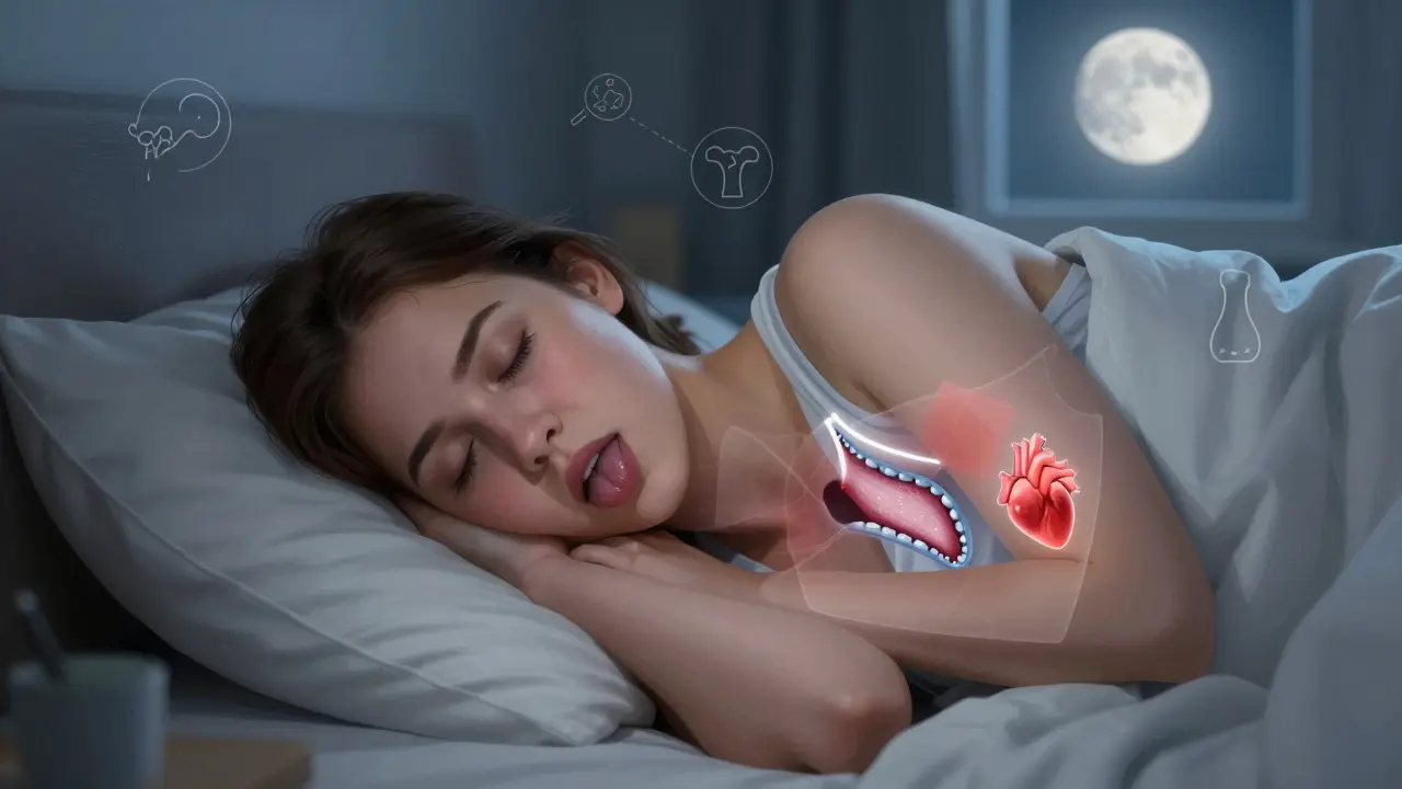 Člověk spící s překážkou dýchacích cest způsobenou špatným postavením zubů a klesajícím jazykem.