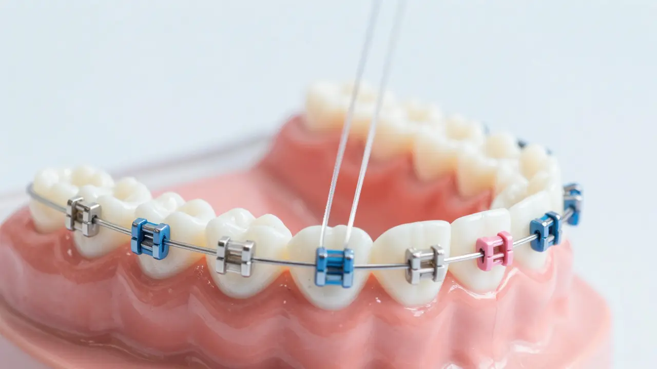 Detail gumiček na zubním modelu v různých barvách a velikostech, napnutých mezi zuby.