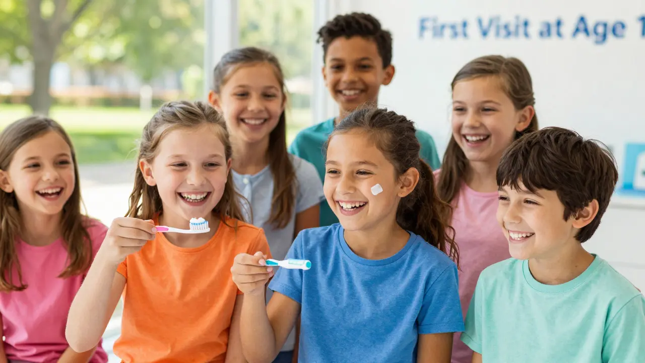 Děti se smějí a mají zdravé úsměvy, jedna drží zubní kartáček, druhá má aplikované těsnění.