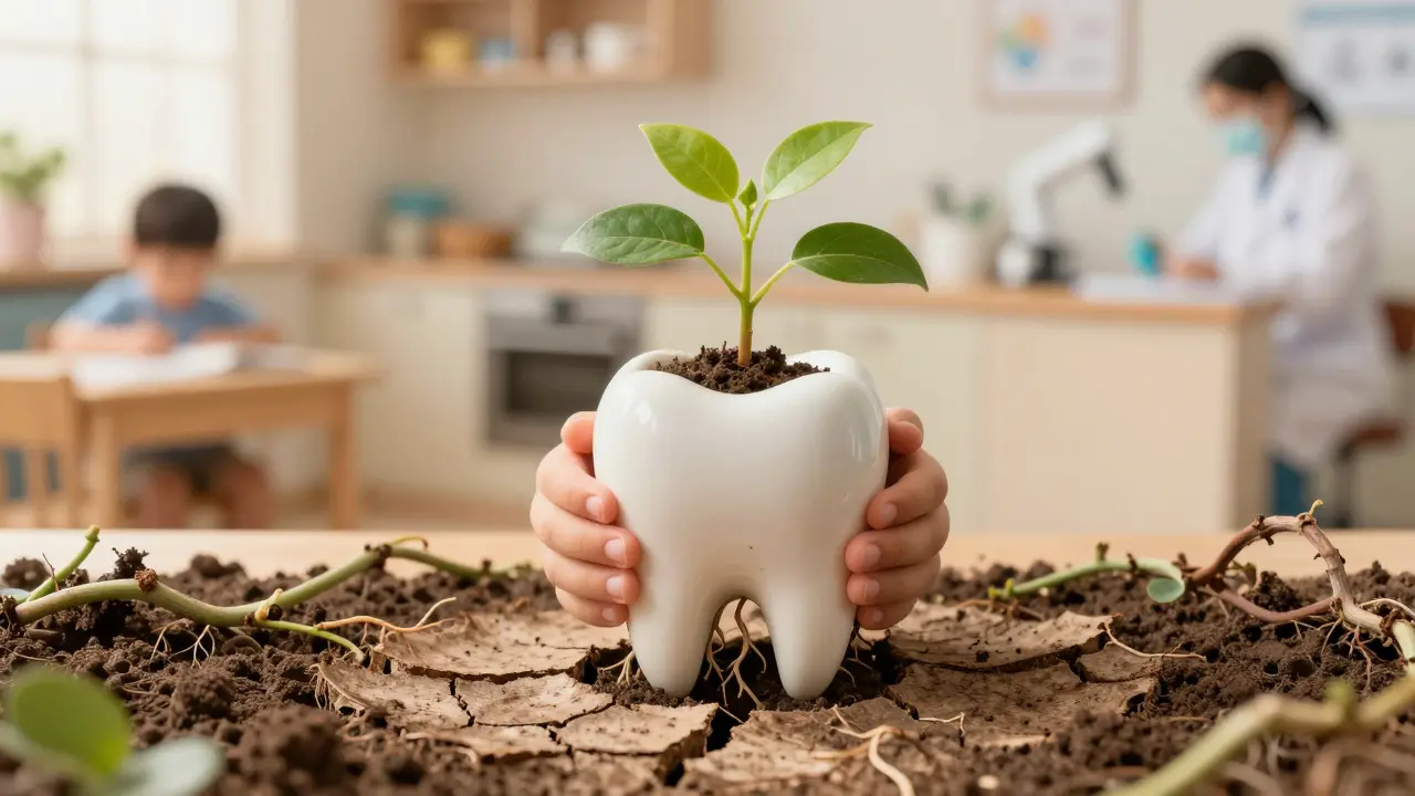 Dítě drží rostlinu v tvaru zubu, symbolizující zdraví úst a celého těla.