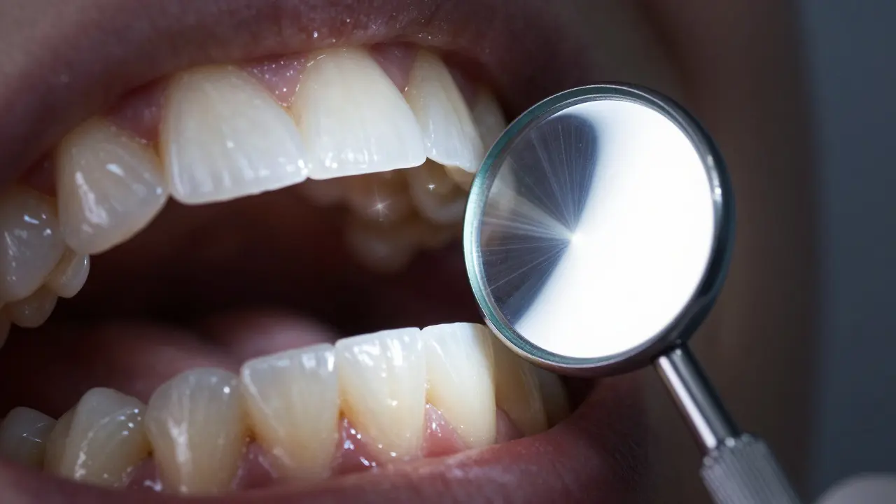 Fazetové zrcadlo odrazí světlo na zubním povrchu, zvětšující detaily.