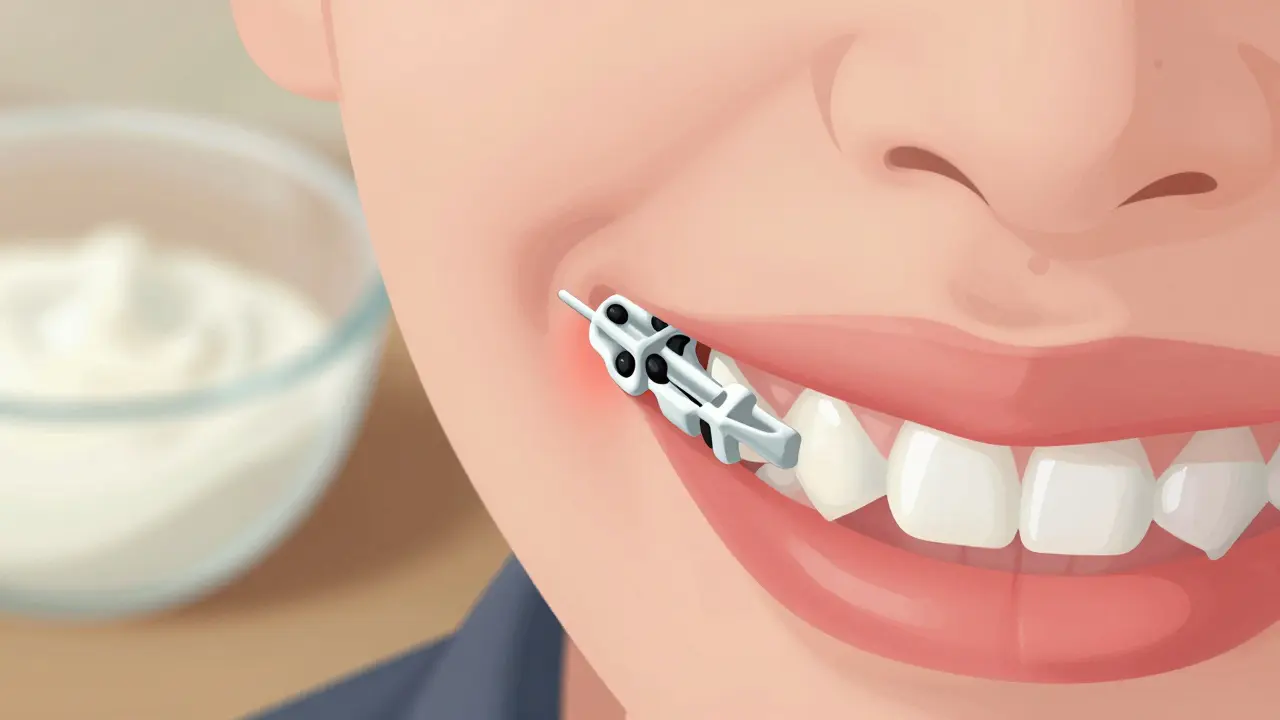 Keramické rovnátko dráždí vnitřní stranu úst, okolí je zčervenalé.