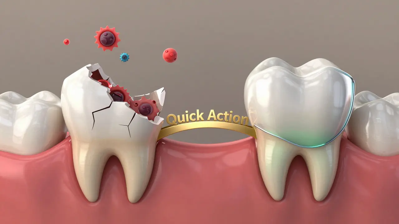 Konceptuální obrázek poškozeného a obnoveného zubu s přechodem od škody k léčbě.