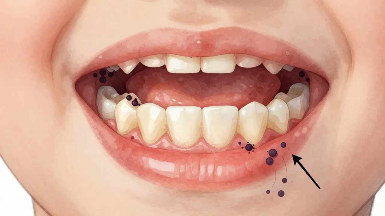 Křížový řez dětského ústního ústrojí s zubním kamenem a bakteriemi.