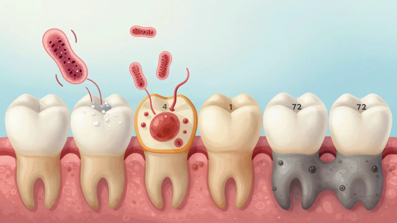 Mikroskopický pohled na bakteriální biofilm na zubní sklovince, jak se přeměňuje v zubní kámen.