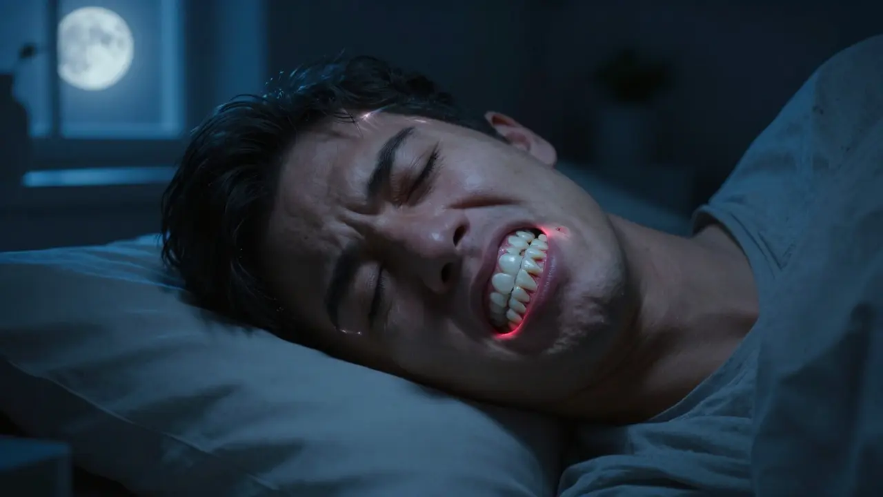 Noční broušení zubů s viditelnými poškozeními na korunkách