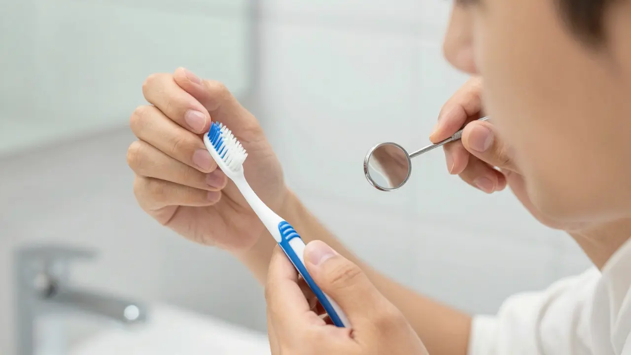 Osoba čistí zuby měkkou kartáčkou a mezigubním kartáčkem.