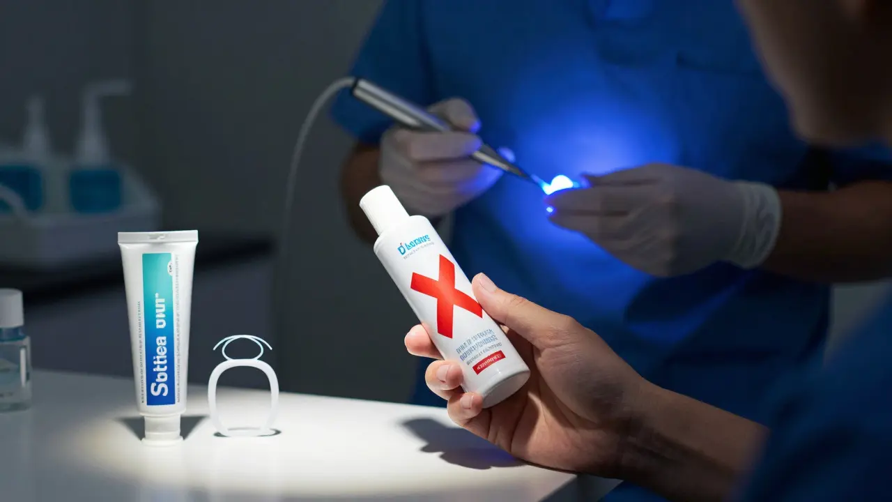 Osoba s bělící pastou a červeným křížem, zubař provádí profesionální bělení za ní.