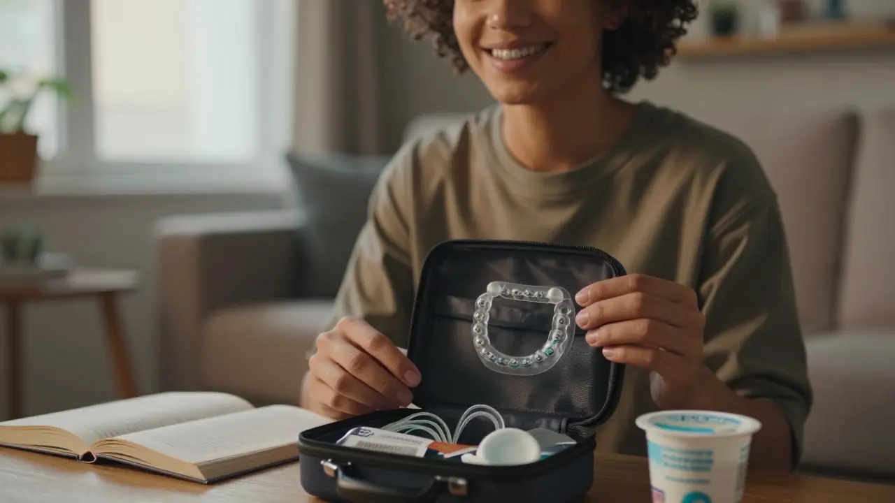 Osoba se usmívá s rovnátky a gumičkami v domácím prostředí, drží krabičku náhradních gumiček.