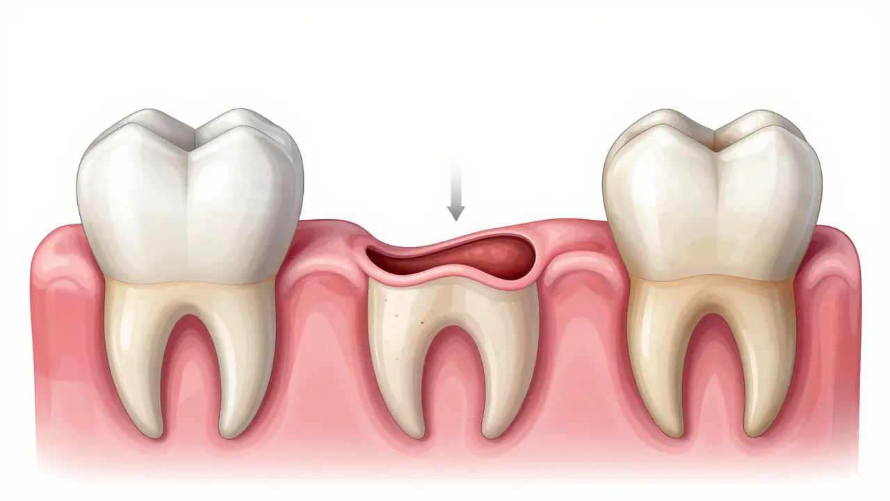 Porovnání zdravých a postižených dásní s postupnou ztrátou kosti kolem zubu.