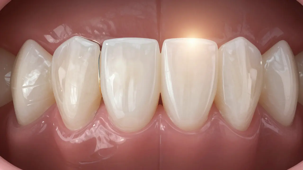 Porovnání zubu s neestetickou a estetickou plombou pod osvětlením.
