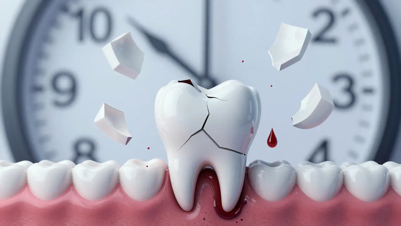 Prasklý zub s kousky sklovitě a infekčním oblakem pod dásní, symbolizující následky zanedbání.