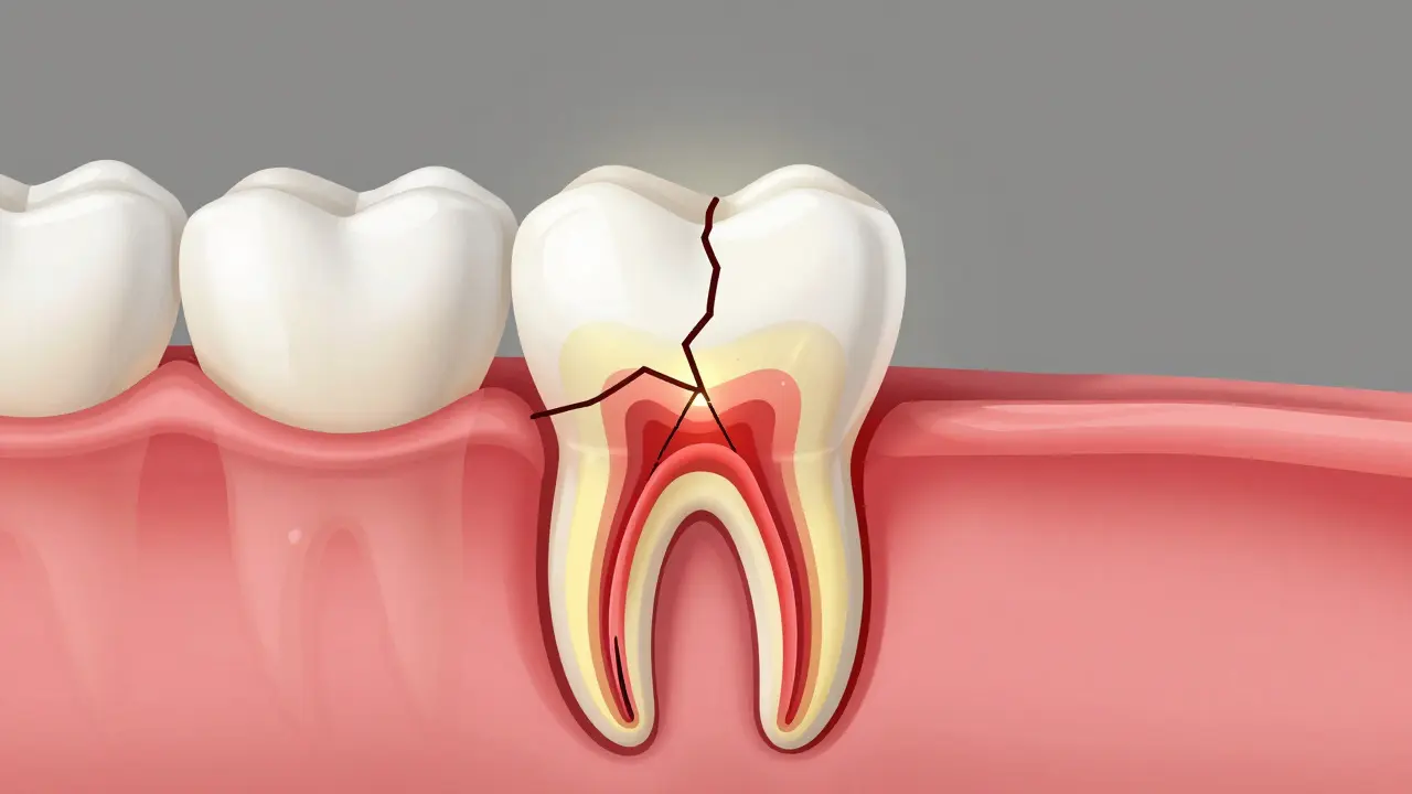 Průřez zubem s viditelnou prasklinou sahající až k nervu a zánětem.