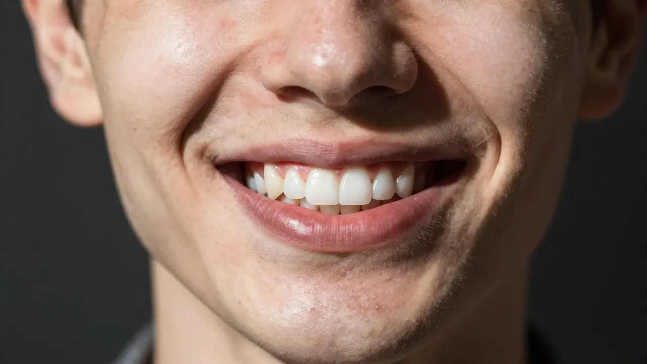 Rozdělený obraz obličeje: jedna strana bílé zuby, druhá strana nevyrovnané zbarvení a plomby.