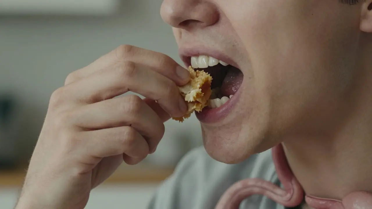 Rozdělený obraz žvýkání: zdravé vs. nesprávné žvýkání jídla kvůli špatnému postavení zubů.