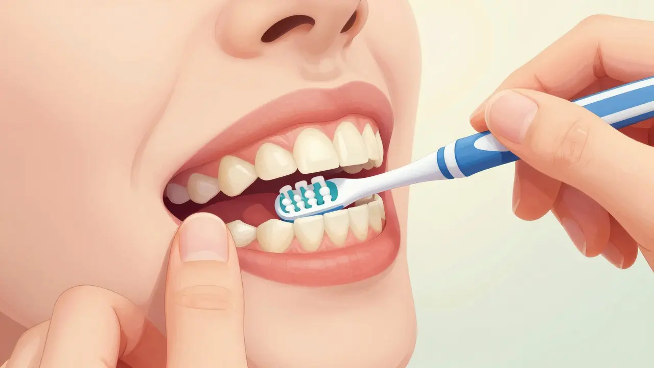 Ruka používající interdentální kartáček pro čištění mezery mezi zuby.