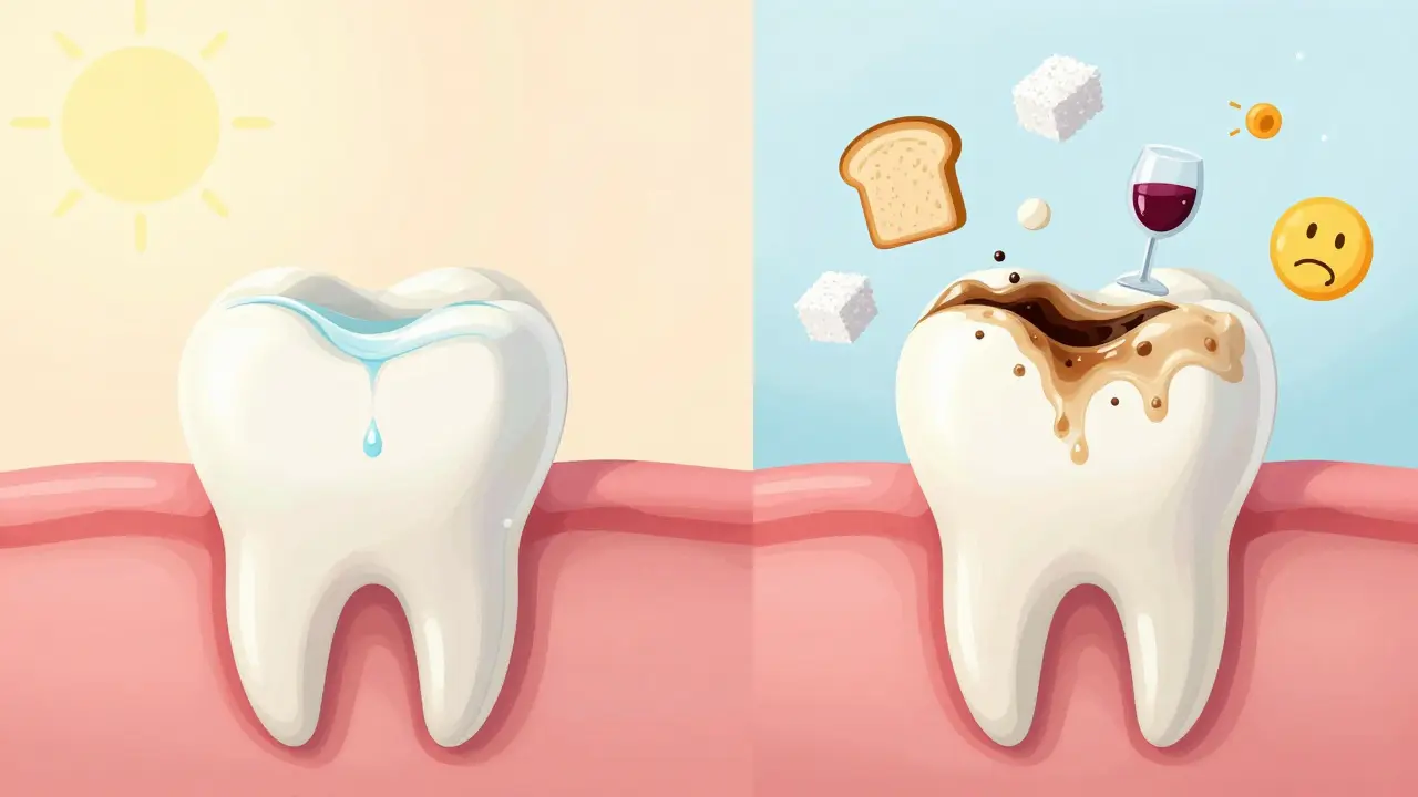 Srovnání zdravého a rozpadajícího se zubu s faktory poškození