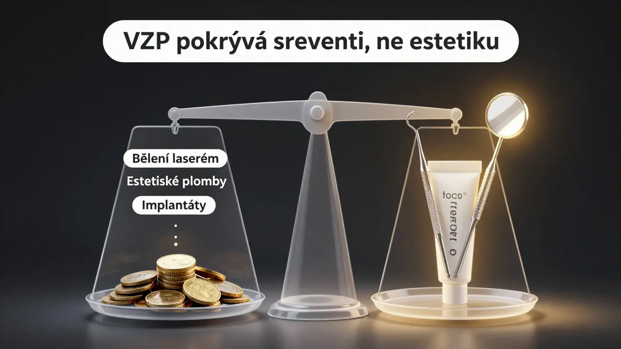 Váha ukazuje rozdíl mezi bezplatnou prevencí a placenými estetickými službami u zubního lékaře.