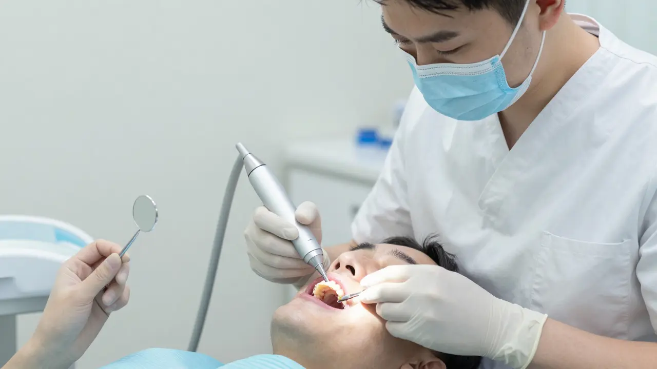 Zubní lékař odstraňuje zubní kámen ultrazvukovým čištěním, pacient dívá do zrcadla.