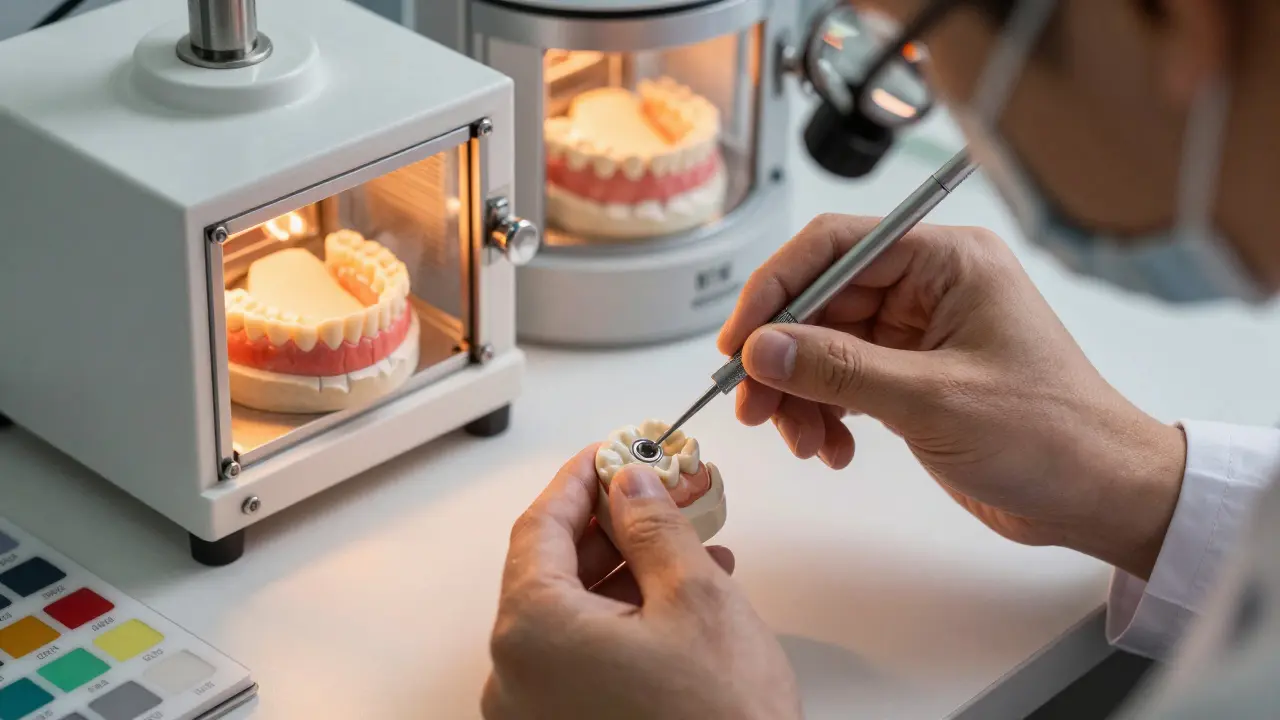 Zubní technik přesně nanáší keramické vrstvy na jádro korunky v laboratoři.