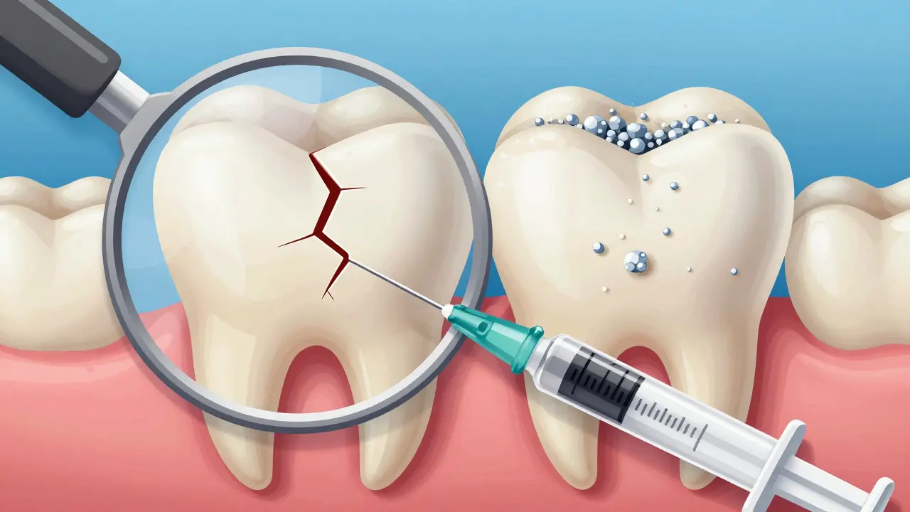 Zvětšený pohled na zubní sklovinku: poškozená vlevo, obnovovaná hydroxyapatitem vpravo.