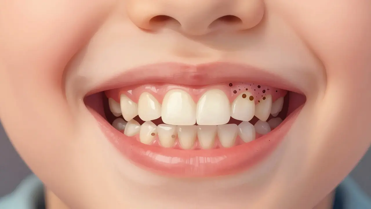 Blízký pohled na zubní kámen u dásní u dětských řezáků s viditelným návrhem.