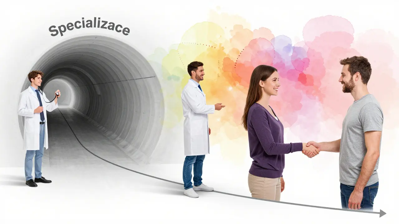 Cesta od lékaře k ortodontovi: student přechází do povolání, kde pacient usmívá se sebevědomě.