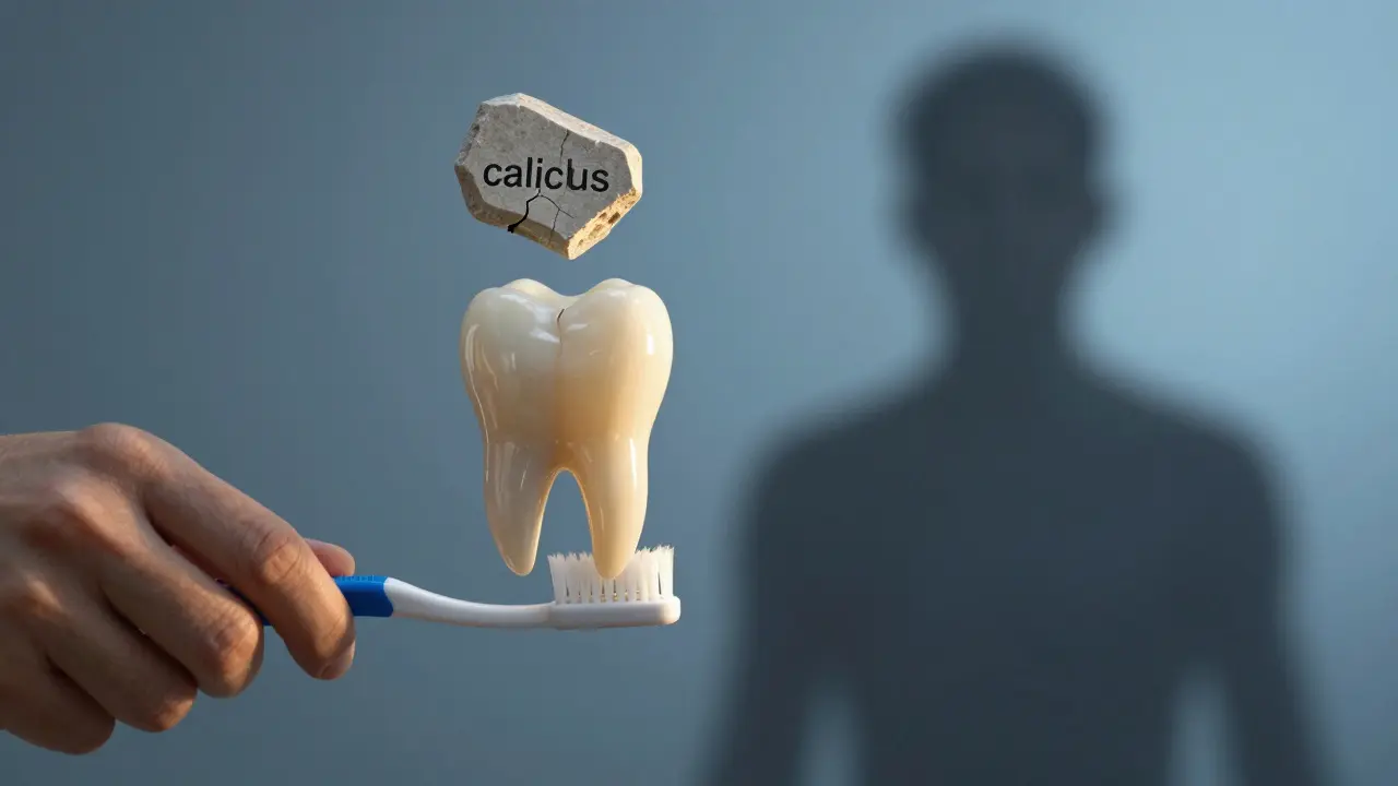 Čistý zub v porovnání s poškozeným zubem a zubním kamenem jako symbol následků zanedbávání ústní hygieny.