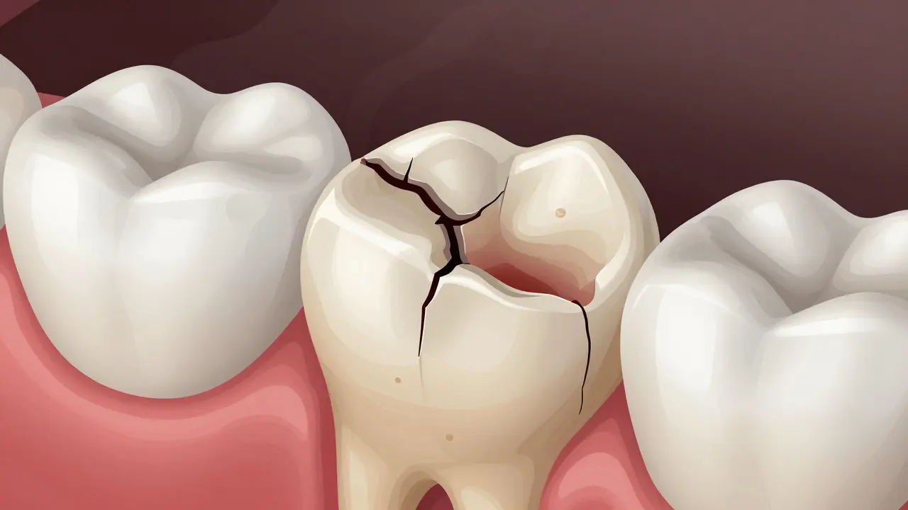 Detail zubu s poškozenou plombou a známkami zánětu a rozpadu.