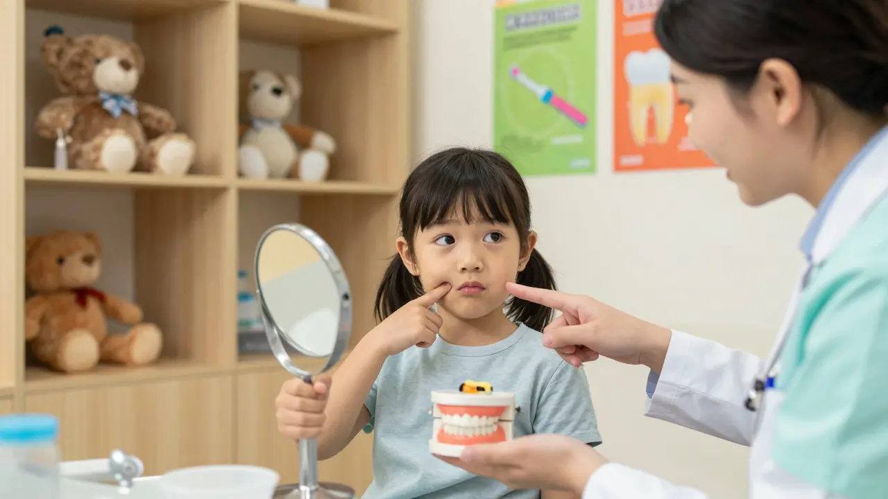Dítě ukazuje na své zuby v zubní klinice, lékař vysvětluje pomocí modelu zubu.