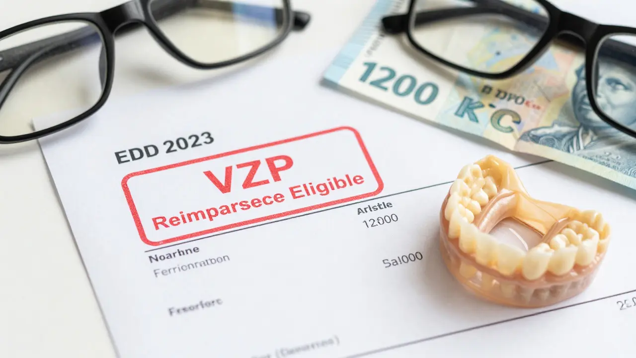 Faktura zubní protézy s částkou 1 200 Kč a bankovkou na bílém pozadí.