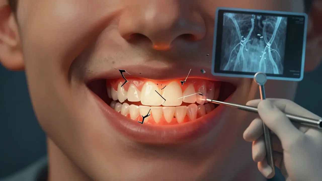 Frakturovaný úsměv s vnitřním zánětem a léčbou kořenového kanálu.