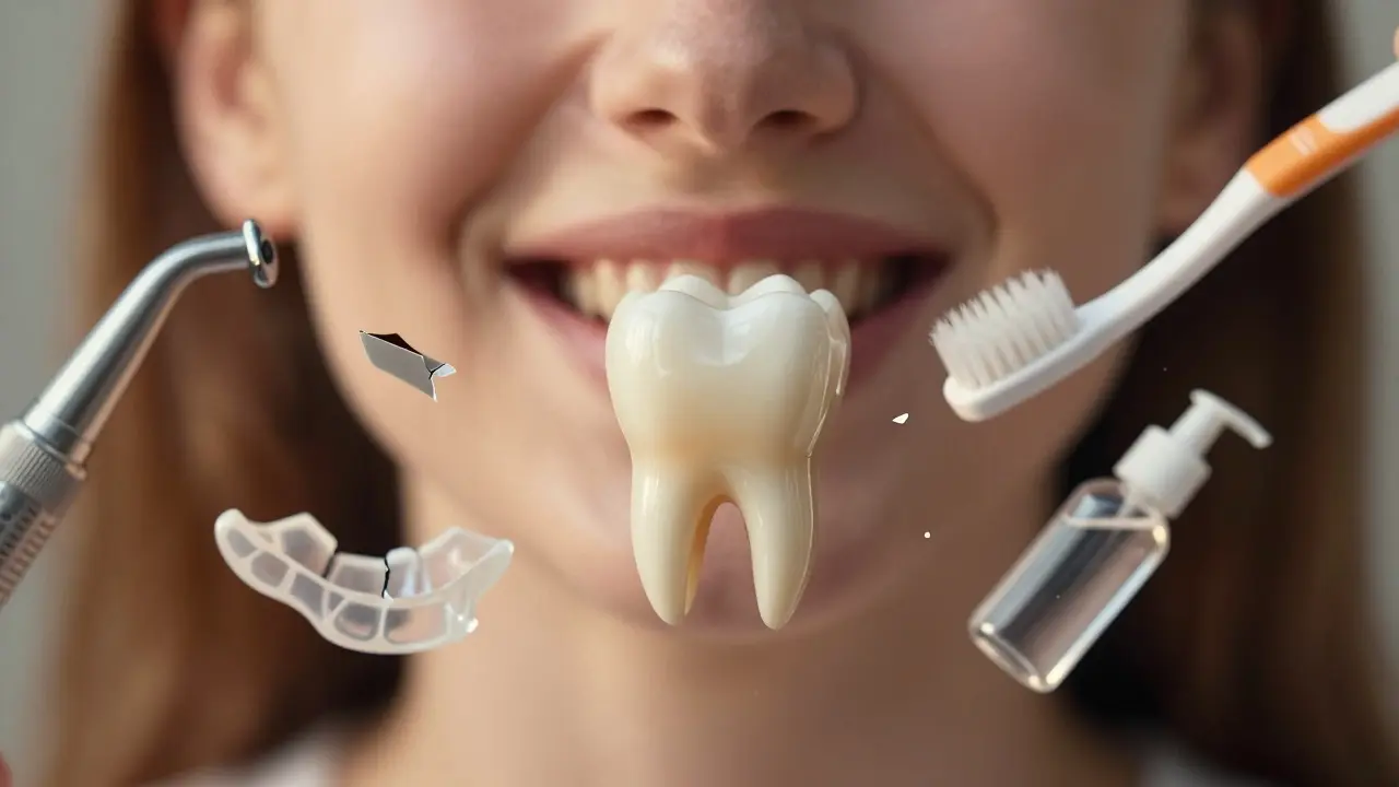 Jeden celý přední zub plavající kolem zubních pomůcek a kousku sklovinky.