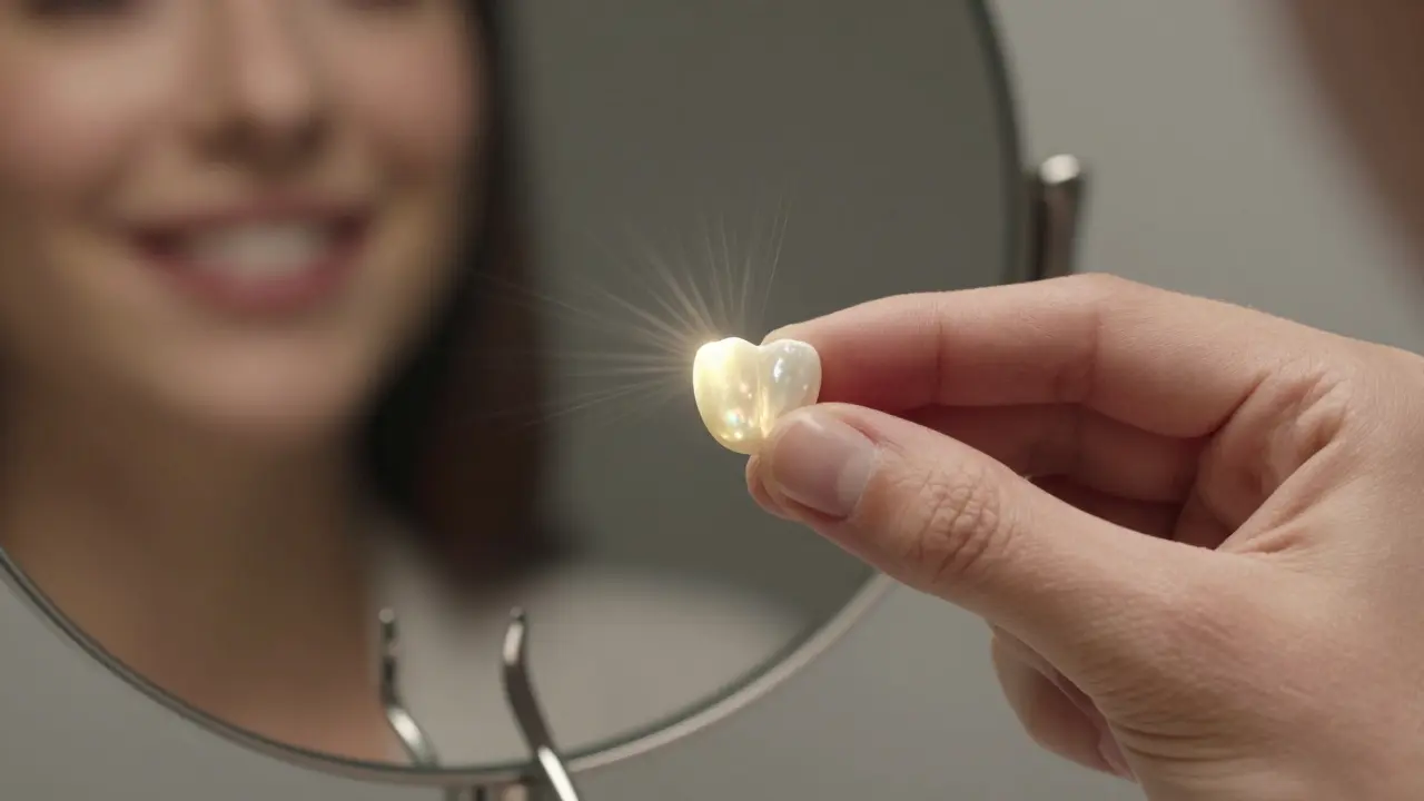 Keramická fazeta v ruce, odraz úsměvu v zrcadle, jemné světlo zdůrazňující její přirozený vzhled.