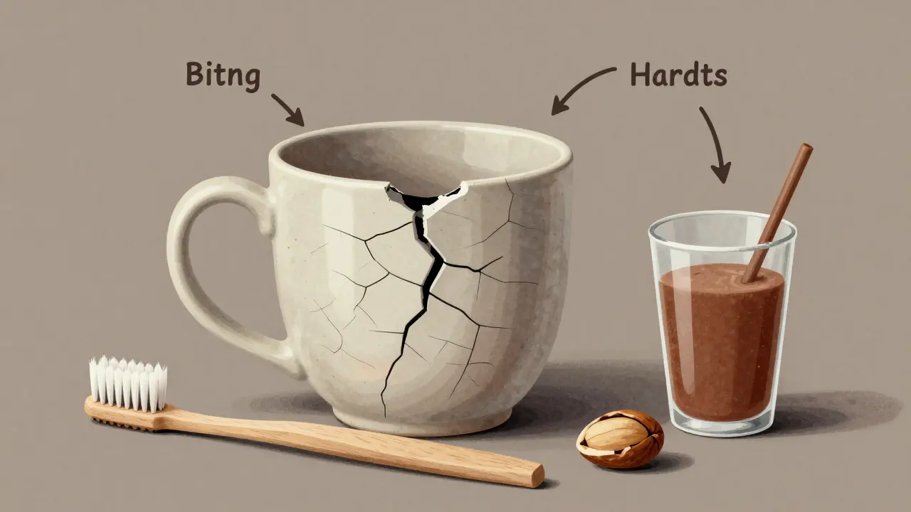 Keramická šálka s prasklinami symbolizující postupné poškozování zubní skloviny