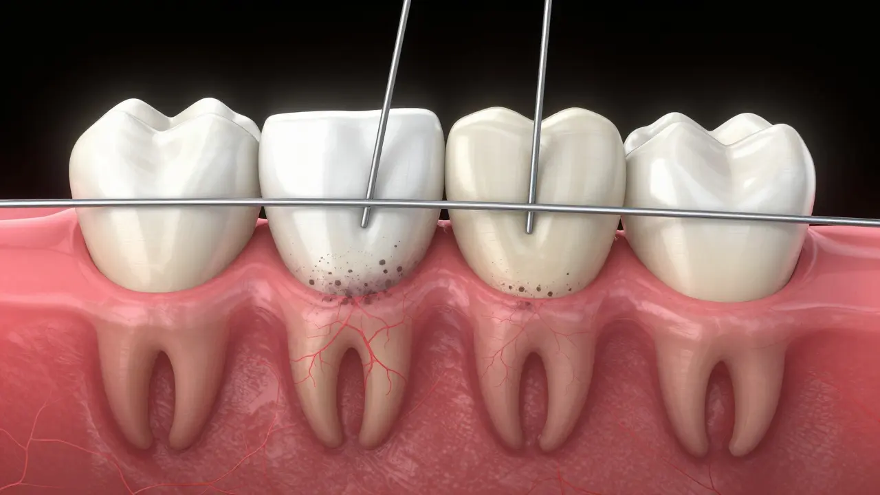 Křížový řez zubu s zánětem dásní a nánosy plaku pod rovnátky.