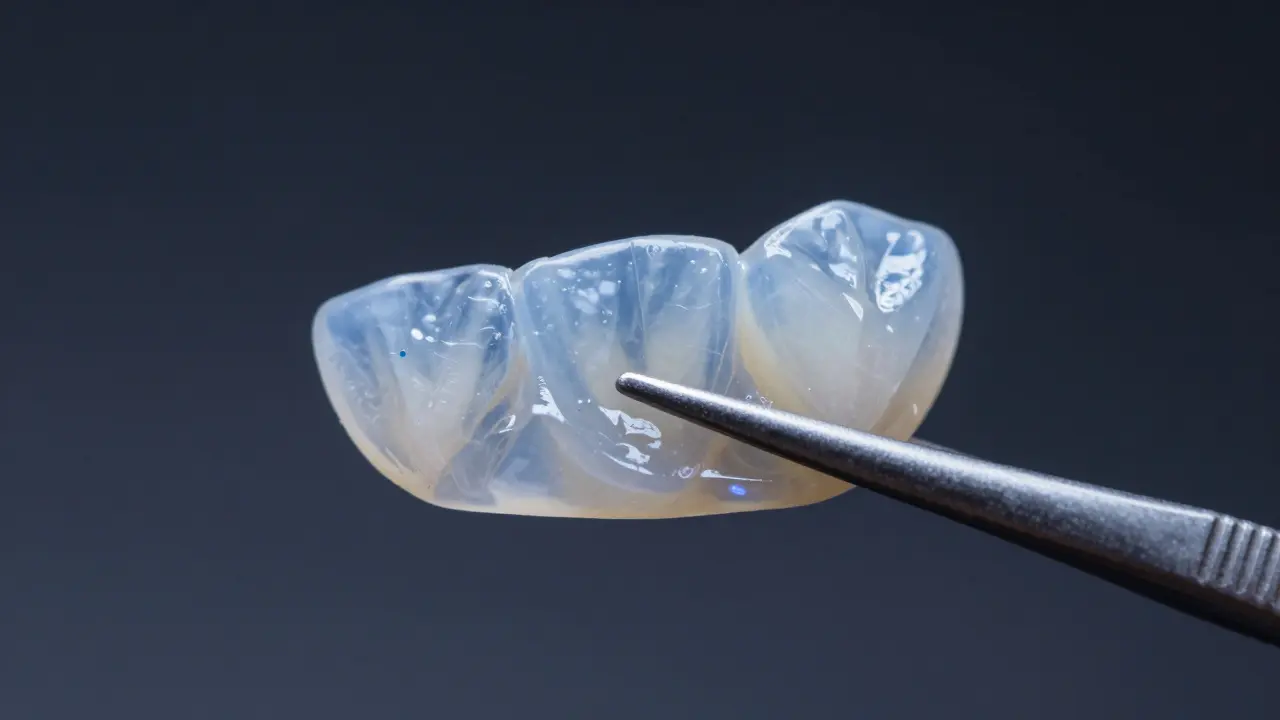 Makro záběr keramické facety ukazující průhlednost a strukturu materiálu.