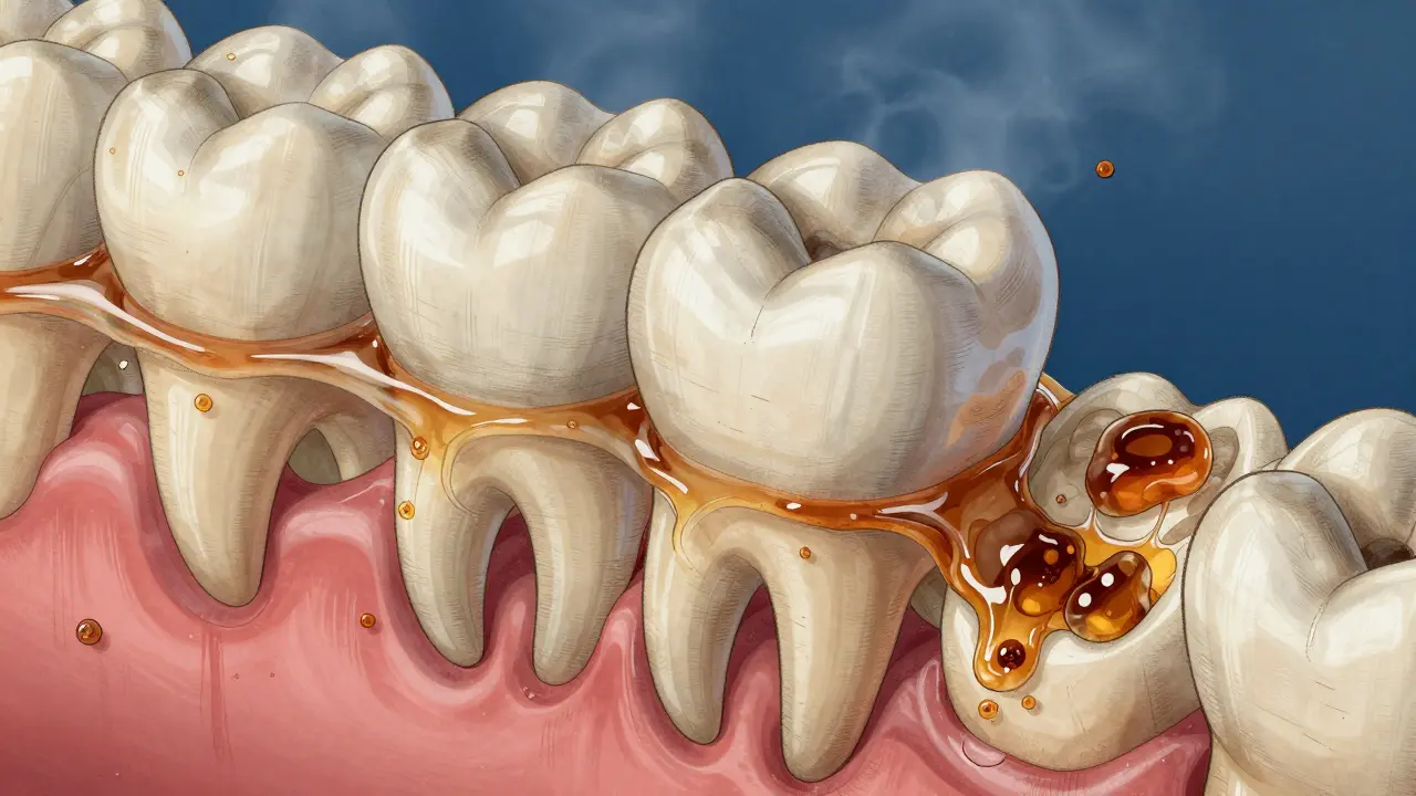 Microscopic view of tooth enamel with layered stains from e-liquid components and bacterial buildup.