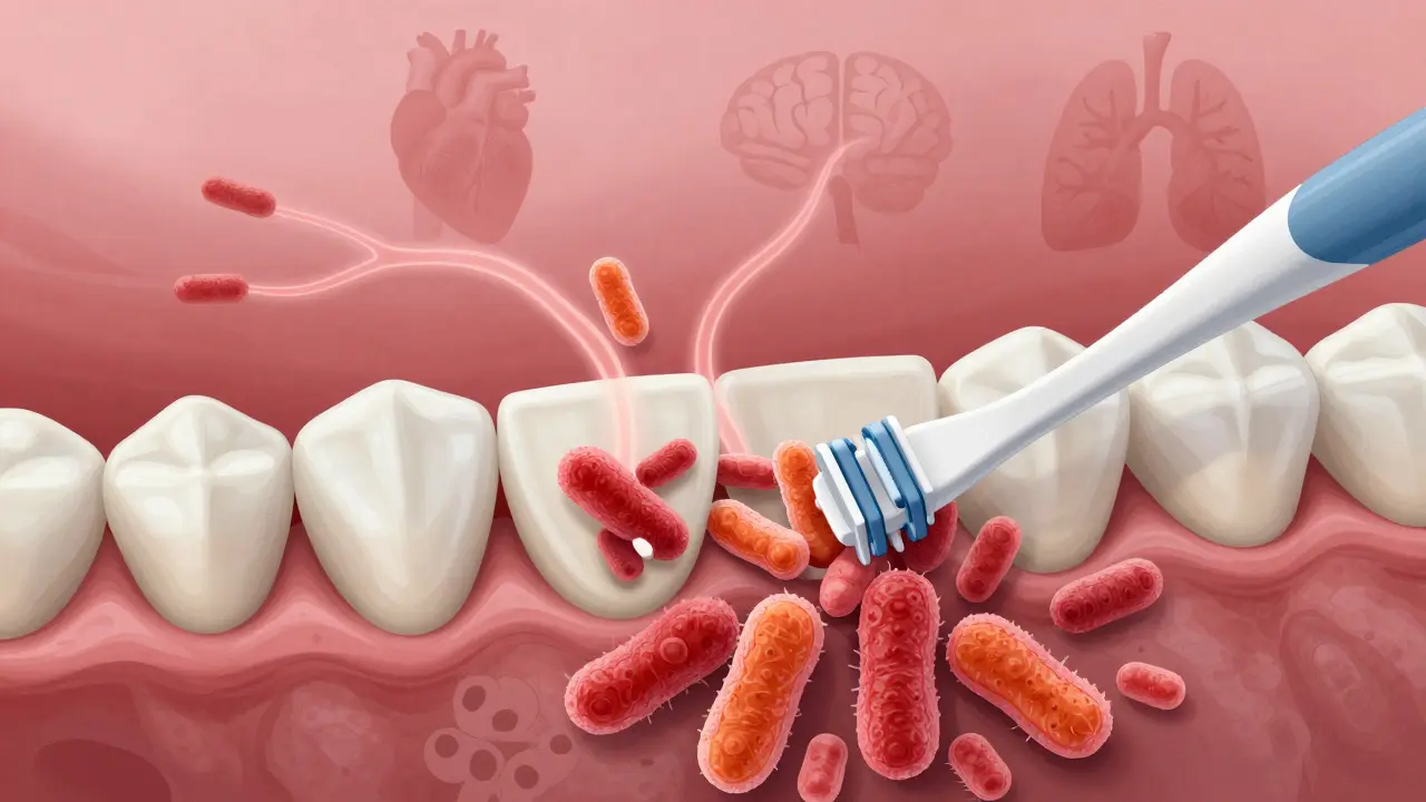 Mikroskopický pohled na bakterie mezi zuby a kartáček, který je odstraňuje, s cestami do těla.
